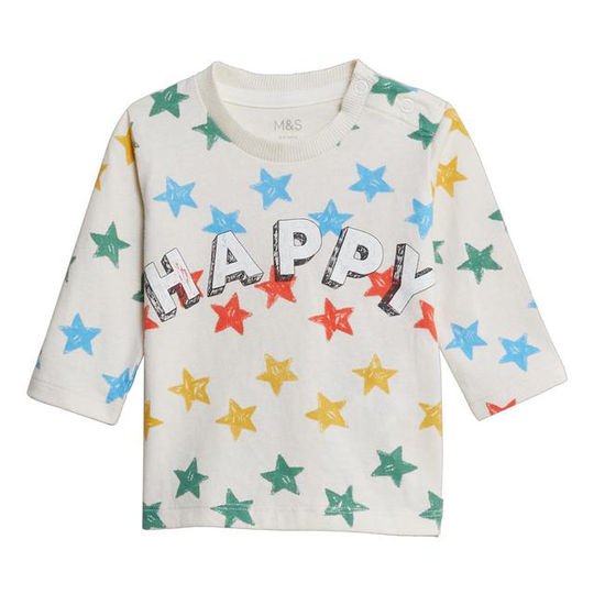 M&S Cotton Happy Slogan Star Print Top '18-24 Cream Mix
