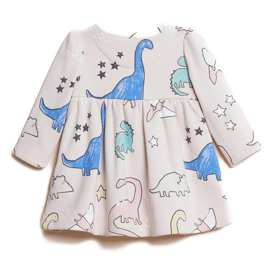 M&S Cotton All Over Print Dino Dress, 6-9 Months, Cream Mix