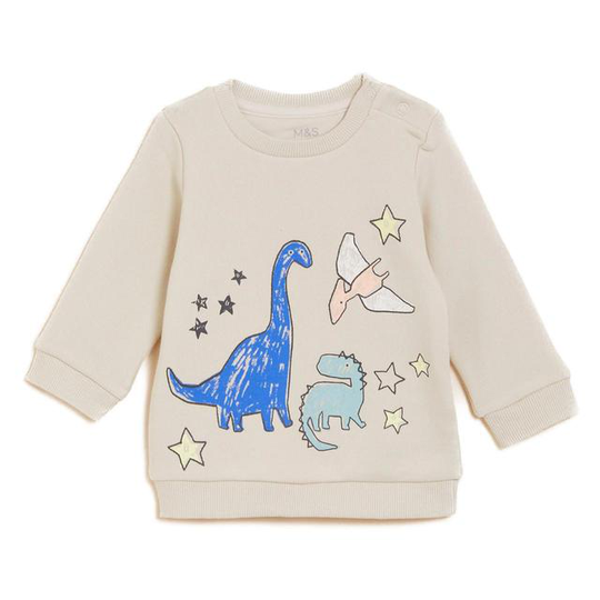 M&S Collection Girls Cotton Dinosaur Sweatshirt, 6-9 Months, Cream Mix